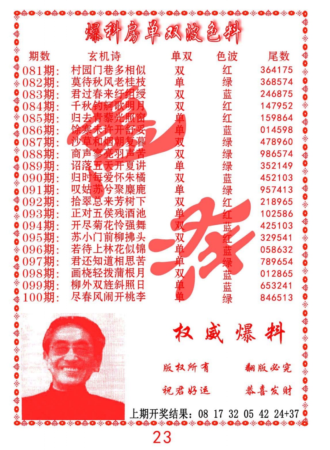 092期爆料房单双波色料[图]